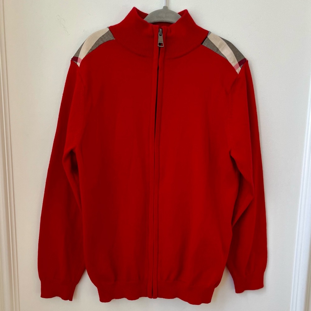 Burberry Kids NWT Unisex Red Zip-Up Sweater Classic Nova Check Pattern 8 Years